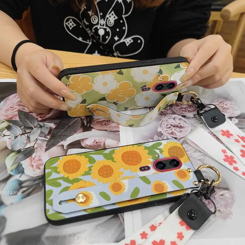 Soft case Shockproof Phone Case For Fujitsu Arrows F-53E/Rakuraku Durable Waterproof Lanyard Oil Painting flower ring