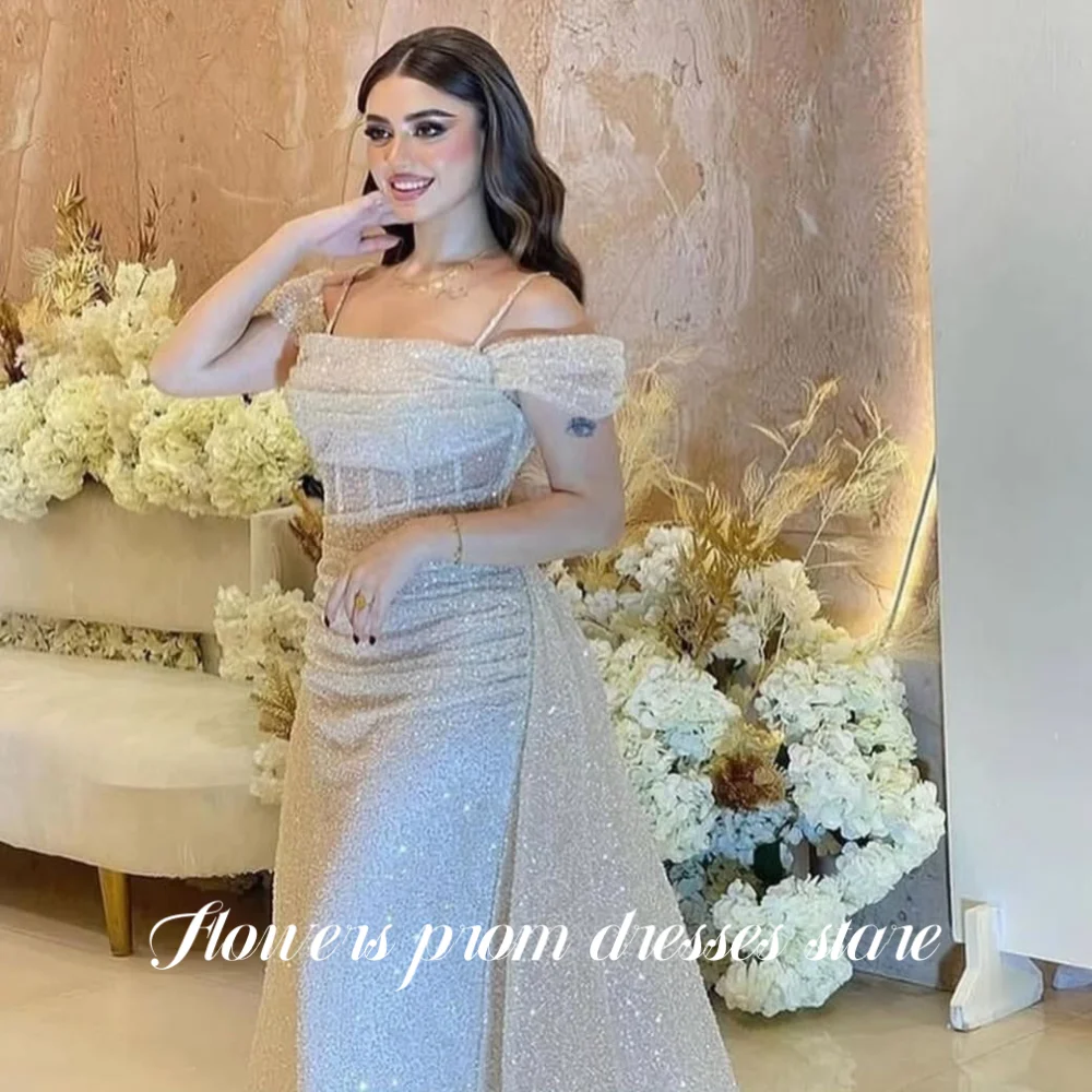 

Flowers Prom Mermaid Party Dresses Off Shoulder Special Occasion Dress for Women Side Train Sequins Pleat Party Dress Customized
