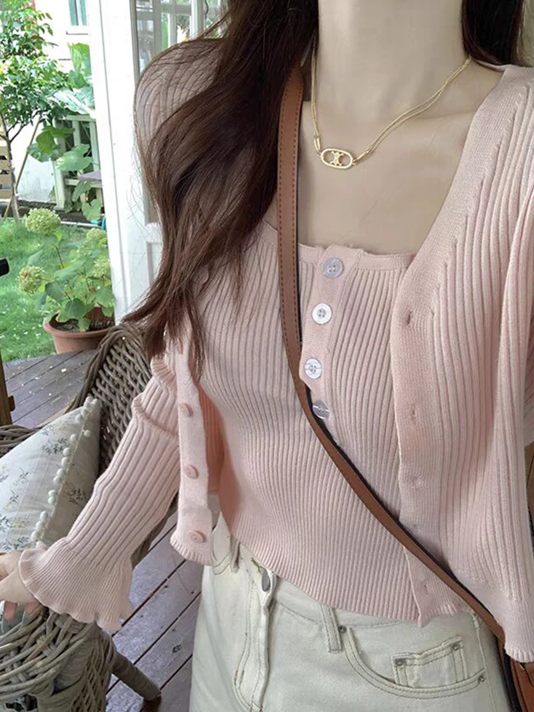 Sweet Pink Knitted Sweater Cardigan Woman Autumn V-Neck Long Flare Sleeve Slim Jumper Top Casual Cute Preppy Style Sweaters Coat