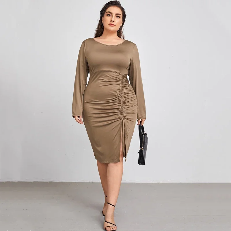 Plus Size Long Sleeve Spring Autumn Elegant Ruched Dress Women Lace Up Midi Bodycon Dress Large Size Party Dress Pencil