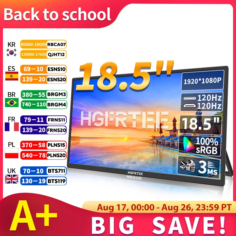 HGFRTEE 18.5inch 120Hz 100%RGB Portable Monitor Laptop Extended Display ADS-IPS HDR Screen With VESA Hole & Back bracket