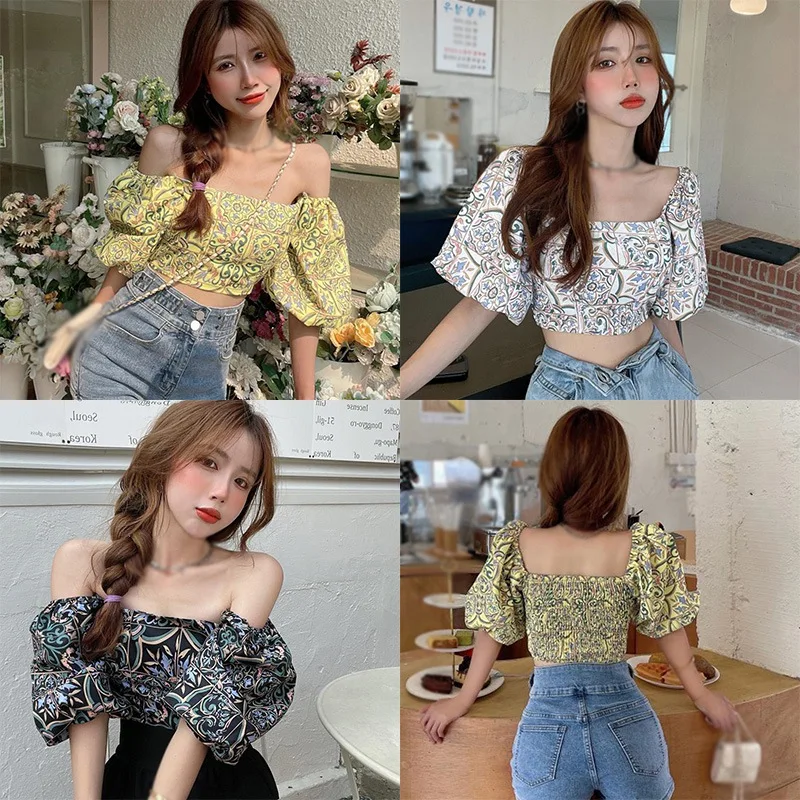 Women\'s Floral Print Square Collar Blouse Exposed Navel Chiffon Puff Short Sleeve Shirt Blouse