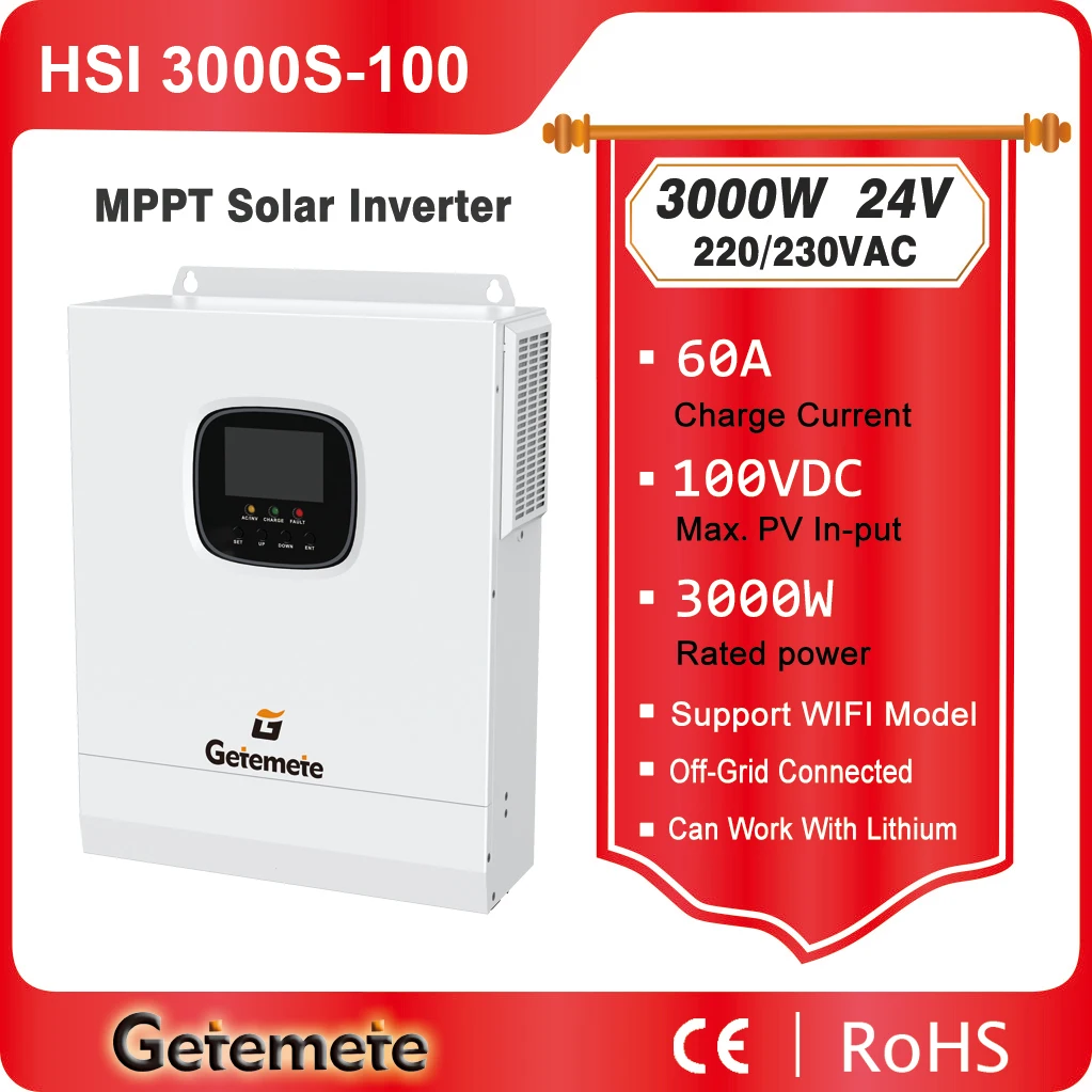 GTMT 3KW/3KVA MPPT 60A 24V 220/240V Off-Grid Solar inverter PV  Max Input 100VDC For Solar Dc to Ac Pure Sine Wave Power System