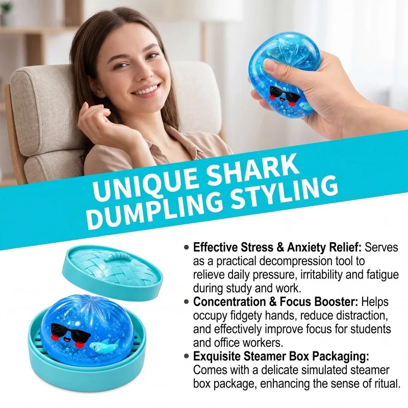 Money Glitter Shark Dumplings Squishy Toy Soft Slow Resilience Squishy Toy Fidget with Steamer Steamed Stuffed Bun Squishy Pinch view 5