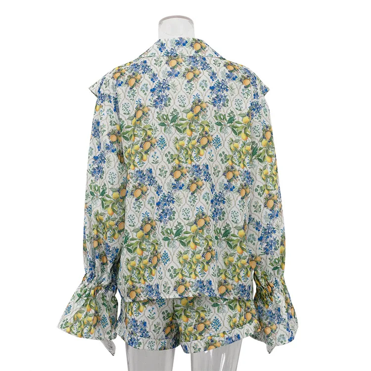 Boho Gedruckt Mode Lässig frauen Anzug Rüschen Flare Hülse Top Shorts Zwei Stück Sets Lose Herbst Neue Weibliche Outfits