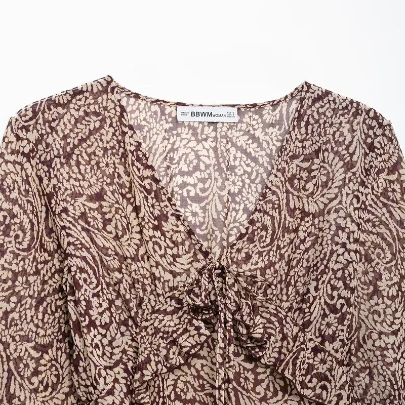 Novo Vestido Midi F Primavera 2025 com Decote em V, Decoração em Camadas, Estampa, Manga Longa, Estilo Casual, Peça Ún...