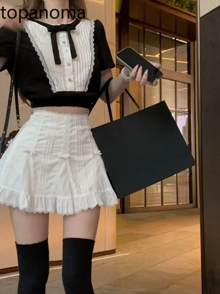 

Topanoma Mini Skirts Women Spring Summer 2025 Fashion Lace Patchwork High Waist Slim Sweet Party Skirt Female Casual White