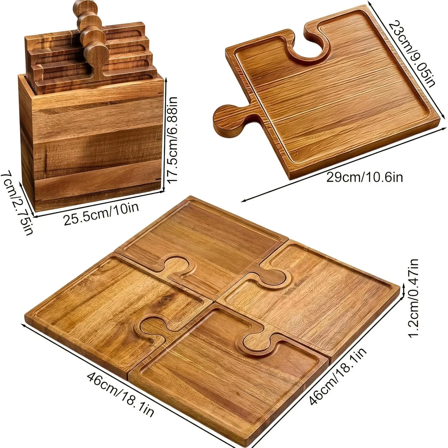 Set of 4 Acacia Wood Charcuterie Board & Cutting Board with Handle - Interlocking Puzzle Serving Tray Suitable for Parties, Wine