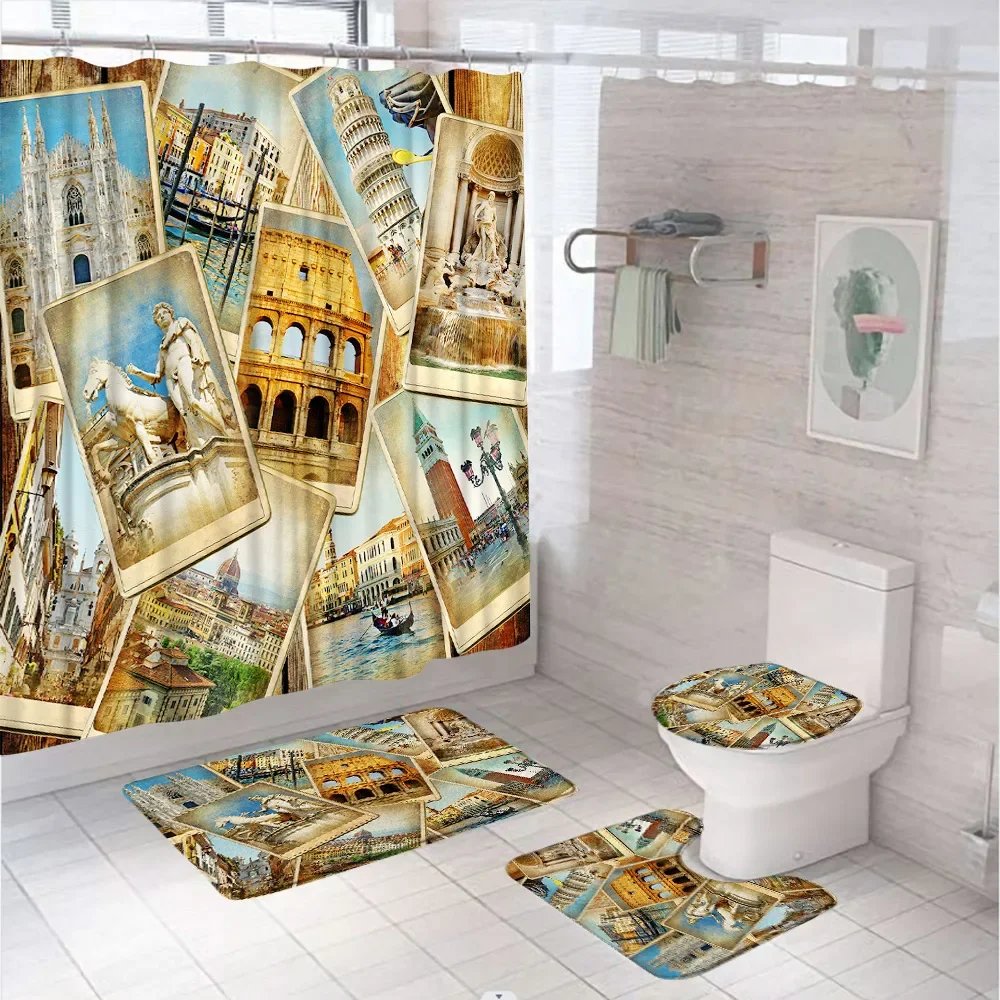 European Vintage Architecture Shower Curtain Set Photos Of Tourist Attractions Bathroom Screen Bath Mat Toilet Cover Rug Home