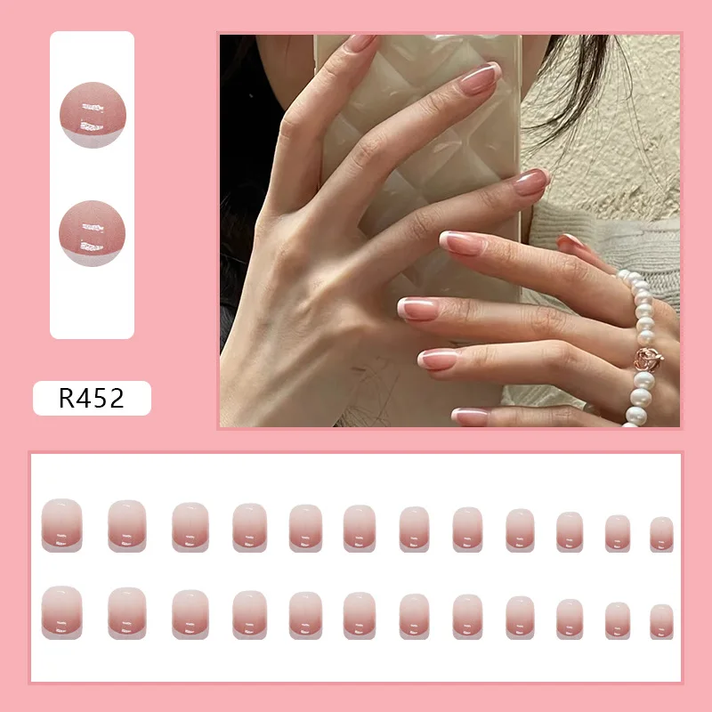24pcs Gradient Blush Simple French Medium Fake Nails for Girls Acrylic Press on Nails Short Reusable Squared Oval False Nails