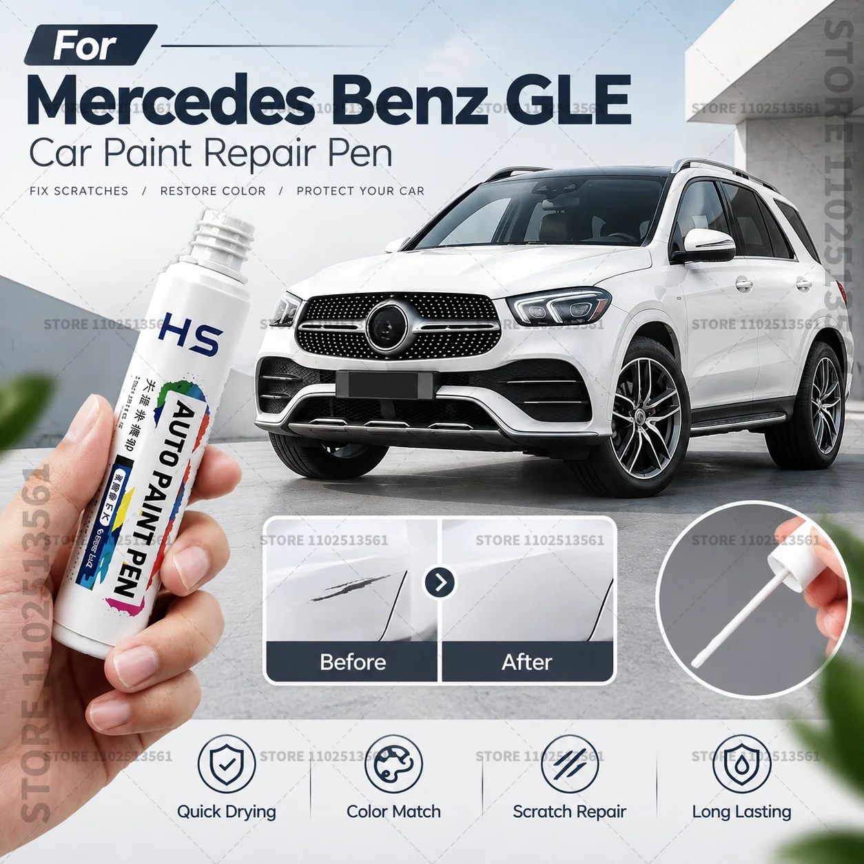 For Mercedes Benz GLE White Car Scratch Repair Paint Pen Automotive Touch Up Pen Quick Dry Brush For Vehicle Paint Damage Repair
