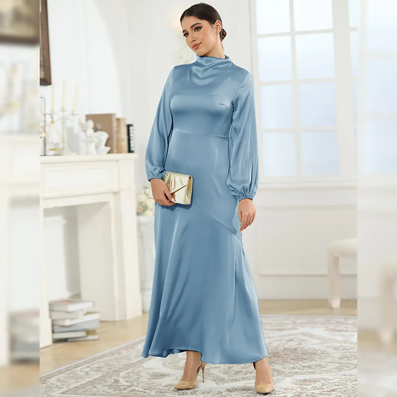 Muslim Dress Women Autumn Collection of Conservative Long Sleeve Loose Fit Satin Fabric Dresses Robe Longue Jalabiya for Women