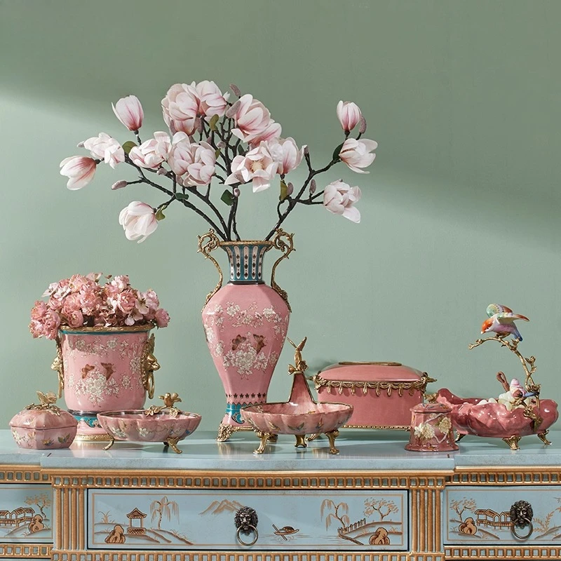 

Chinese style ceramic inlaid copper painted vase flower and bird tissue box living room decoration ornament entrance fruit plate