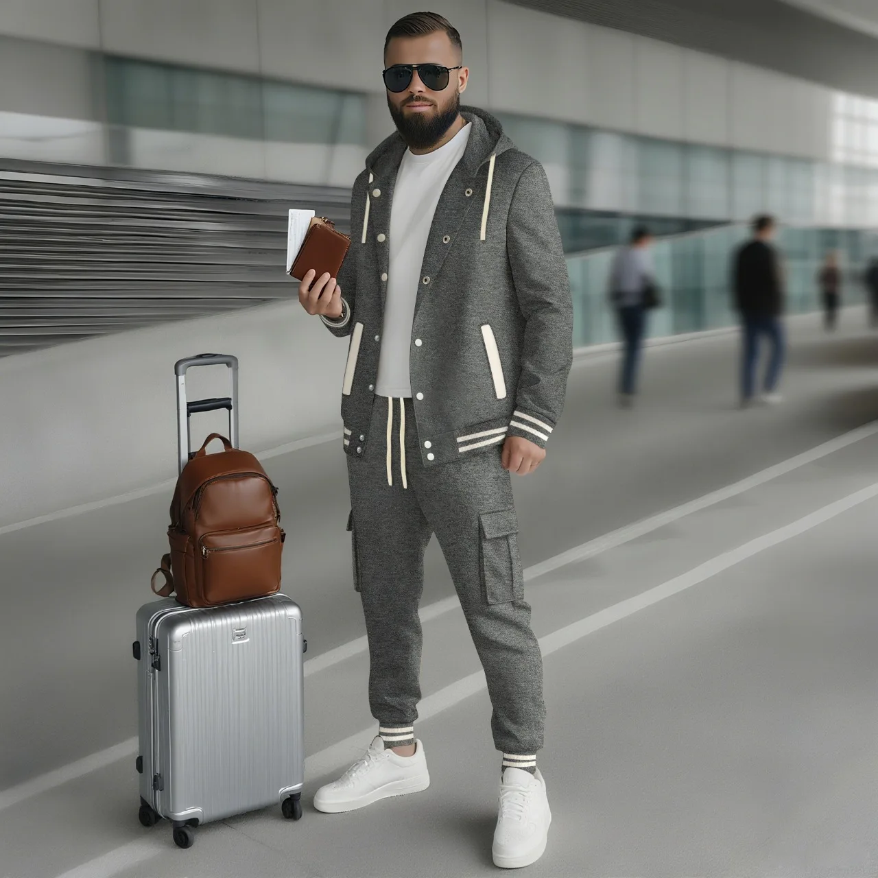 New trendy men's long-sleeved hooded baseball jacket coat, cargo pants, spring-autumn casual sports outfit, men's