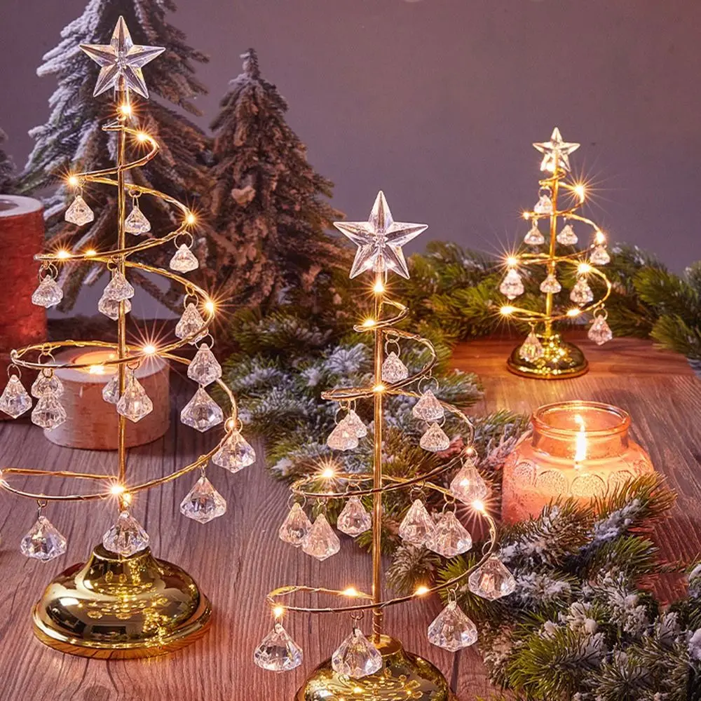 Golden Crystal Christmas Spiral Tree Light Colorful Metal Stand Xmas Decorations Table Lamp S/M/L Star Topper Bedside Lamp