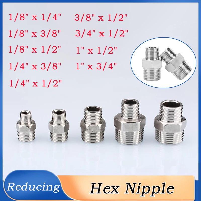 

10pcs 304 Stainless Steel Hexagonal Outer Wire Double Headed Reducing Straight Through Coupling Threaded Pipe Hex Nipple Union