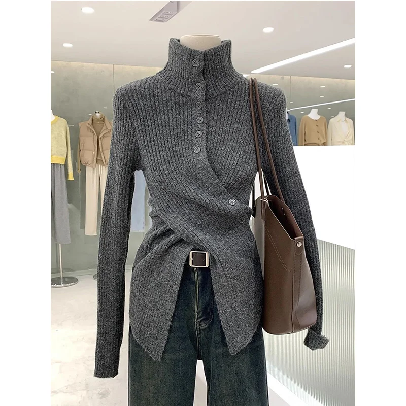 Korean Fashion Irregular Knitting Top Tee Ladies Trend All-match Pleated Buttons Solid Color Half Height Collar Pullovers Autumn