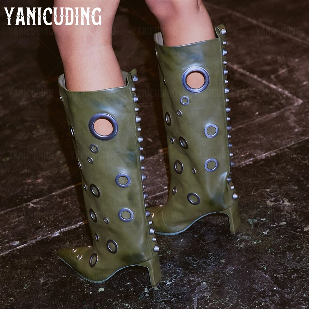 

Irregularly Metallic Perforated Knee High Boots Punk Style Metal Studded Novelty Strange Heel Boots Slip-On Pointed Women Boots