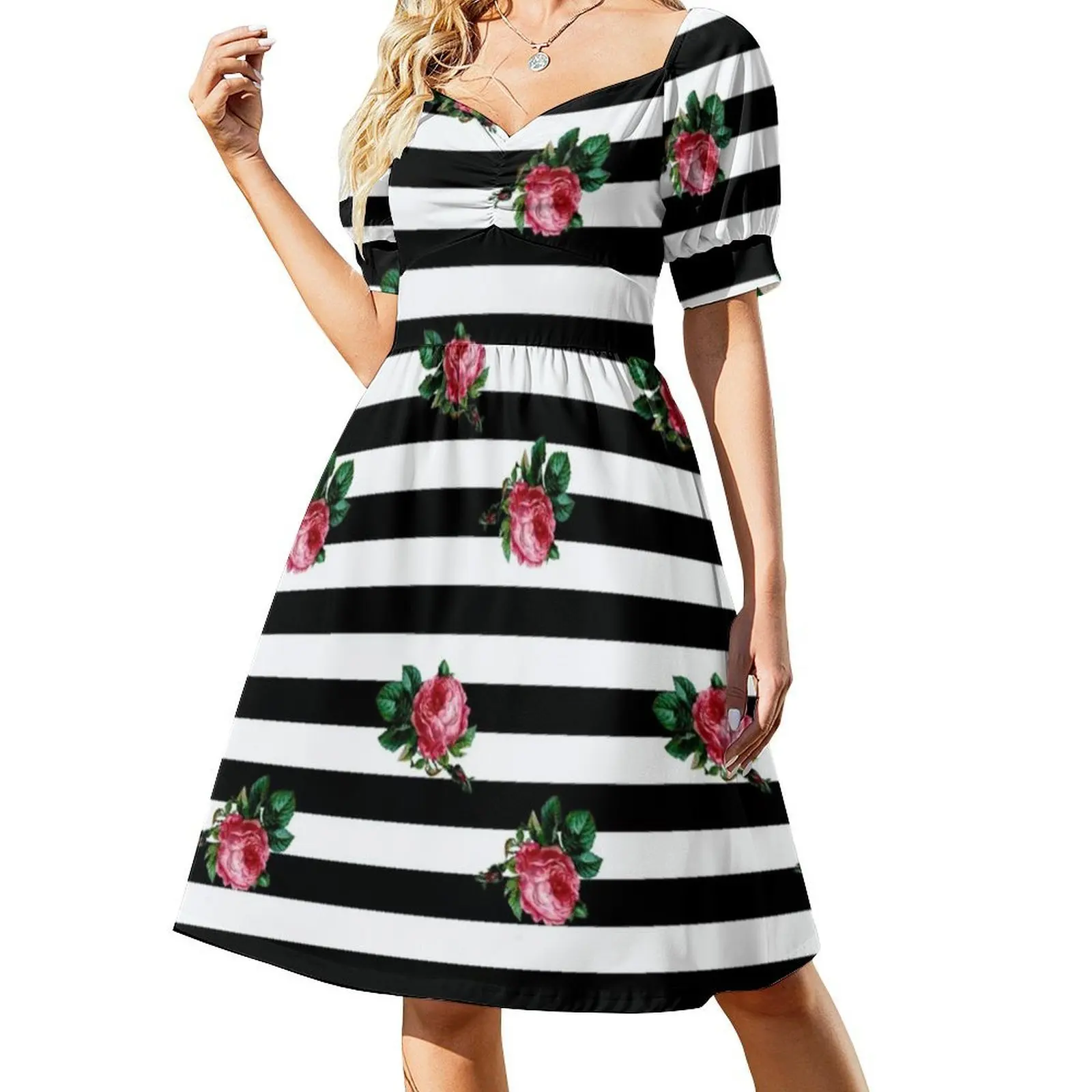 فستان كاجوال على الطراز الكوري من الورود بخطوط سوداء للنساء فساتين بسيطة يومية للمكتب للسيدات خطوط سوداء ملابس نسائية #2