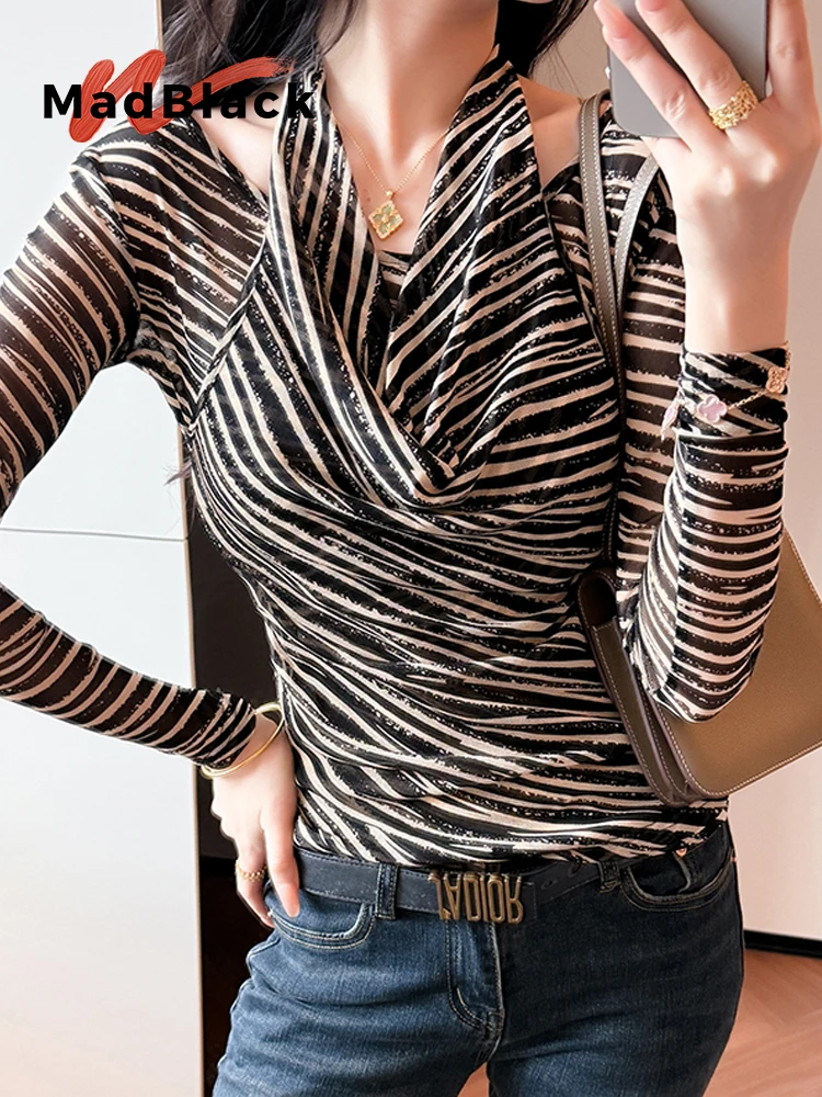 MadBlack-Women's European T-Shirt, Sexy Halter Striped, Streetwear Long Sleeve Slim S-3XL Mesh Tee, 2025 Autumn New T59806CC