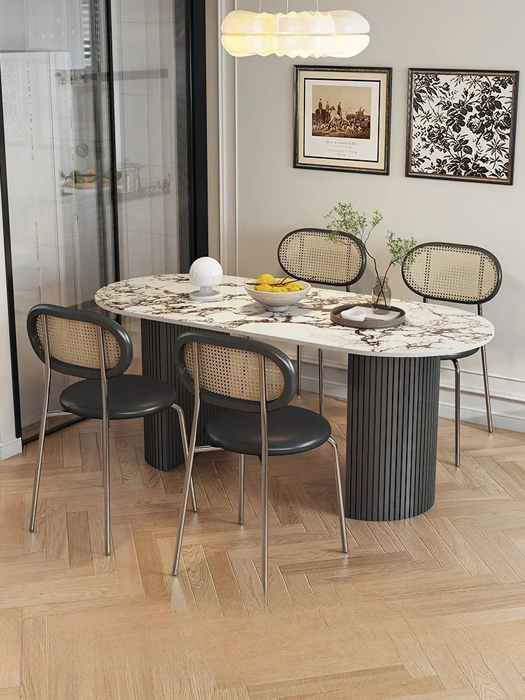 N لوحة حجرية إيطالية طاولة طعام خفيفة فاخرة وبساطة طاولة طعام بولغاري بيضاوية مجموعة طاولات وكراسي لتناول الطعام #4