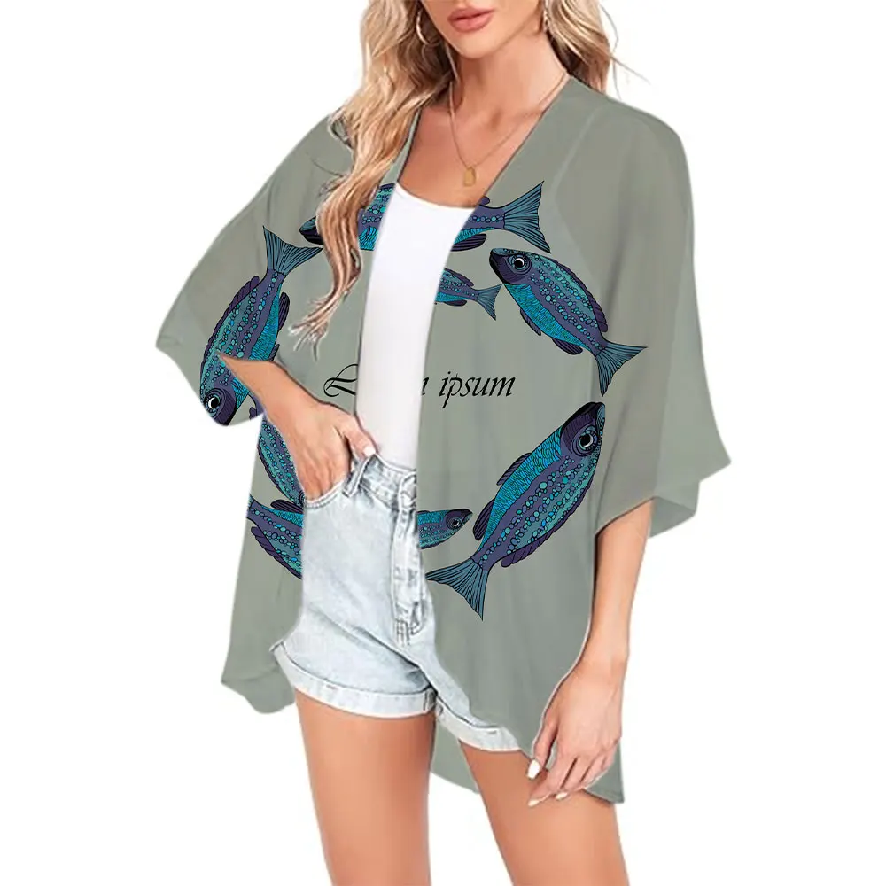 Kimono azul Ocean Series de gasa para salida en la playa, traje de baño, camisetas, Kimono de verano, cárdigan, Tops, traje de baño para mujer, abrigo 2024