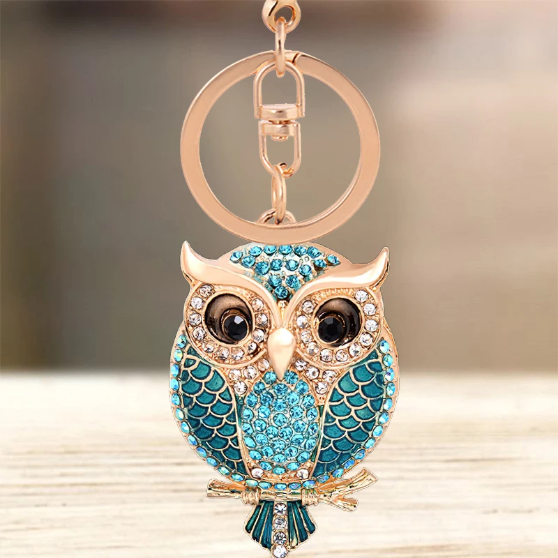 Cute Rhinestone Crystal Green Fat Owl Bird Keychain Animal Key Chain Key Ring Holder Pendant Keyring