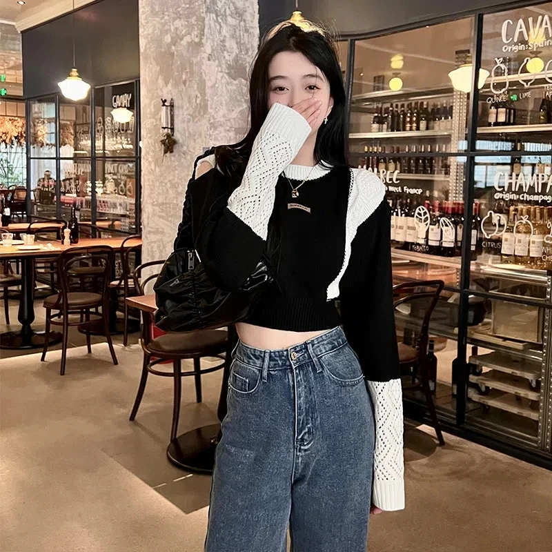 Hotsweet Sweater Off Shoulder Cut Out Crop Top Elastics Loose Hollow Out Black White Patchwork Long Sleeve Top Knitting Autumn