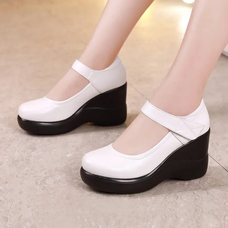 TIMETANG Round Toe Wedge Pumps Women Shoes Mary Jane Shoes Thick Bottom Leather Shoes Platform Pumps Fashion Brand New Plus Size