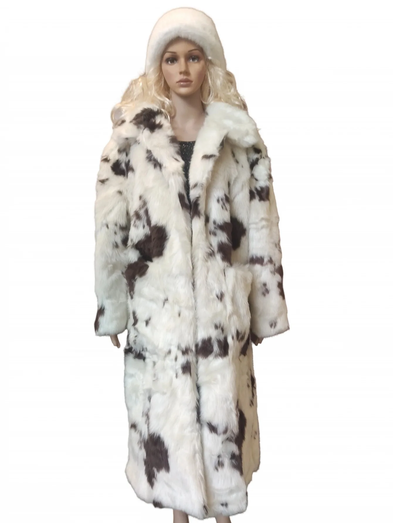FHILLINUO Fur Coats Fur Cow Print Jacket Women Elegant White Fluffy Solid Thicken WarmCoats Winter Chic Oversize Lady