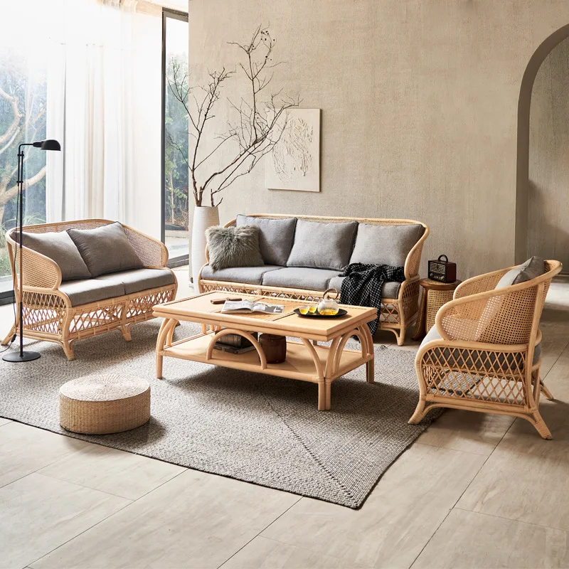 Nordic rattan sofa home leisure living room recliner rural balcony coffee table courtyard rattan chair combination bed and
