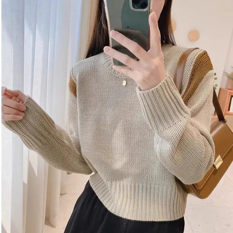 New Autumn/Winter Fashion Lazy Style Retro Contrast Round Neck Loose Versatile Slim and Fashionable Long Sleeve Knitted Sweater