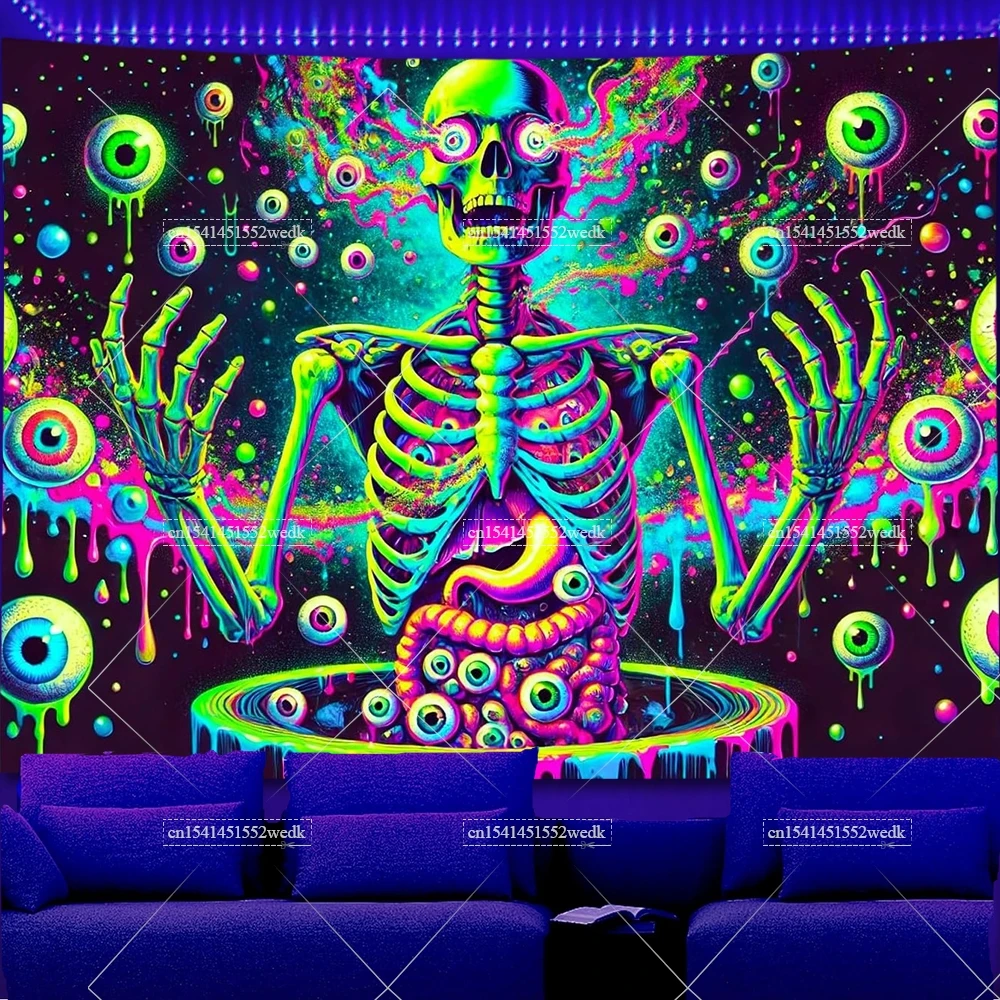UV Reactive Blacklight Skeleton Eye Tapestry Gothic Skull Neon Tapestry Fluorescent Tapestries Wall Hanging For Room Backdrops