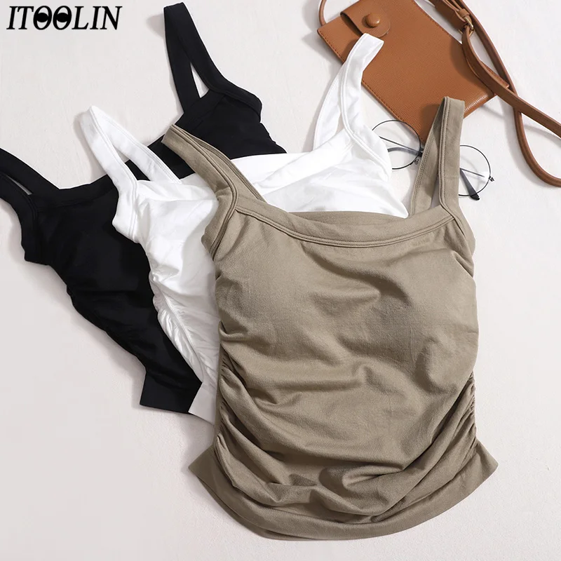 ITOOLIN Crop Tops Women Sports Tank Tops With Bra Pad Knitted Irregular Camis Sexy Backless For Women Camisole Running Tops