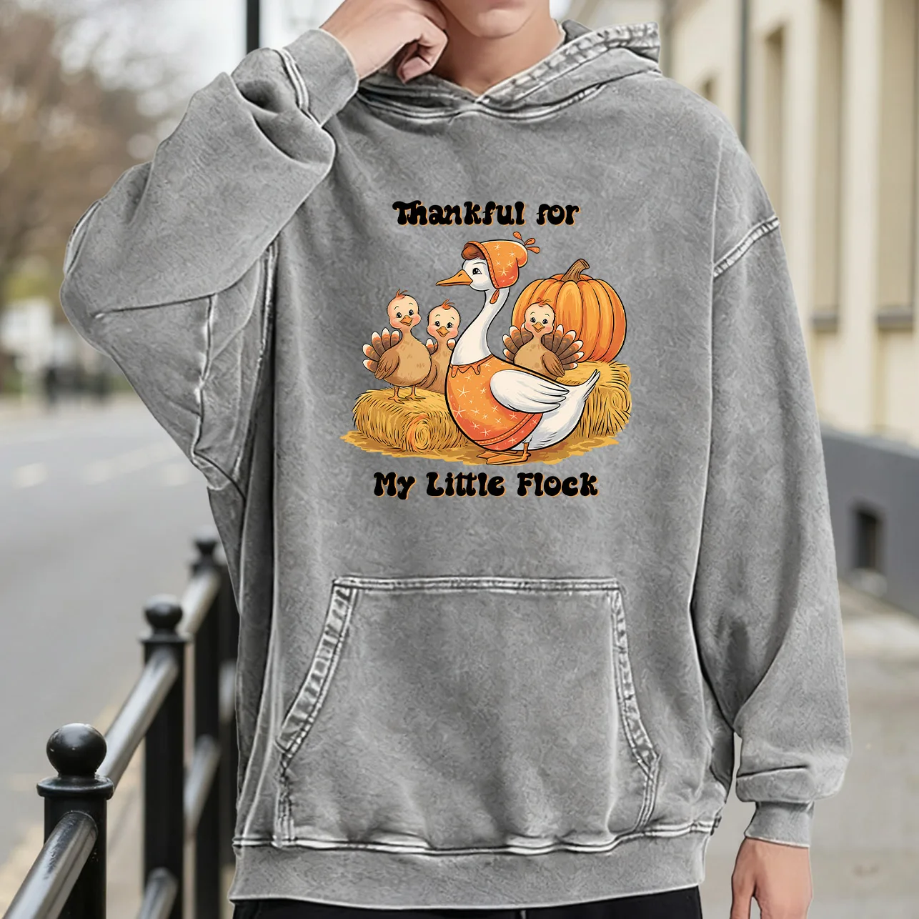 Thankful for My Little Flock Men's Vintage Washed Graphic Hoodie, Retro Distressed Pullover, Streetwear Casual Sweatshirt