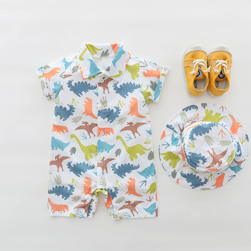 Summer cartoon dinosaur pattern full-print turtleneck shirt romper for male infants, including hat