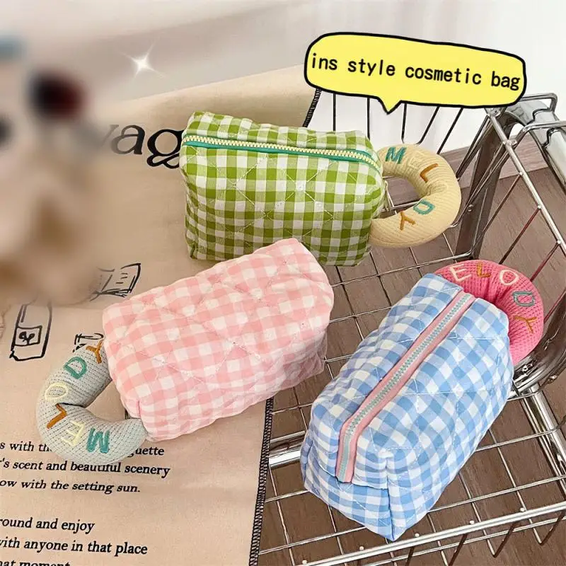 Embroidered Handbag Cosmetics Storage Bag Female Student Portable Pencil Bag Small Multifunctional Plaid Cosmetic Bag