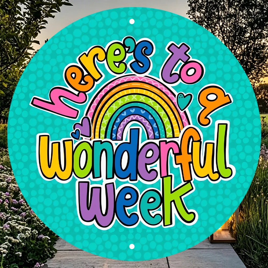 JIT 1-pc Light cyan rainbow YOU ARE WONDERFUL graffiti print round metal tin sign wall decor, hassle-free hanging structure, this stylish metal tin sign fits reading nook and bedroom for multi-scene wall decor, excellent daily home - view 6