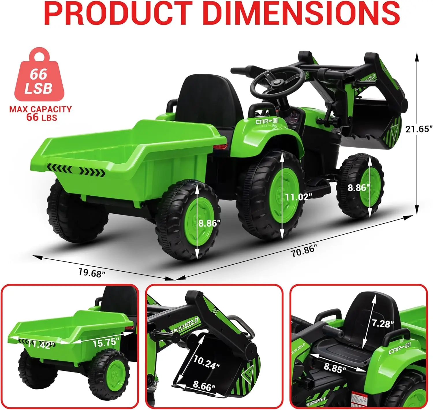 Véhicules électriques de tracteur d'excavatrice pour enfants avec télécommande, pelle, lumières LED, musique, jouet de voiture pour garçons et filles