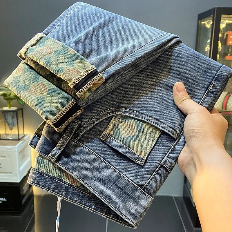 Pantalones vaqueros informales con estampado de calabaza para hombre, jeans de alta gama, ajustados, de aspecto alto, largos Ruan guapos, 2024