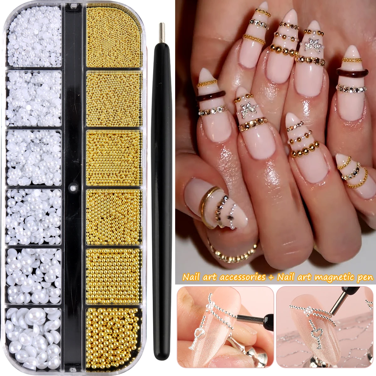Gold Micro Caviar Beads & White Half Pearls Nail Art Decorations Tiny Round Metal Ball Beads, 3D Nail Charms DIY Manicure Access