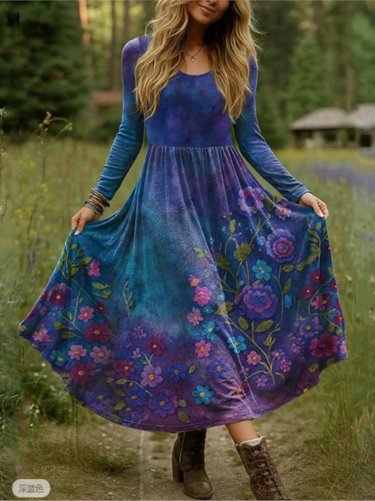 

Autumn New Retro Printed O Neck Loose Maxi Dresses Women Casual Long Sleeve Spring Bohemian Beach Big Hem Long Dress