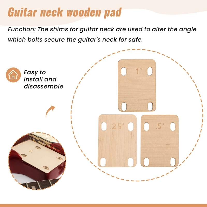 3Pcs Guitar Neck Shims, Solid Maple Wood Guitar Neck Shim Protection 0.25, 0.5 And 1 Degree Guitar Neck Plate Tool view 6