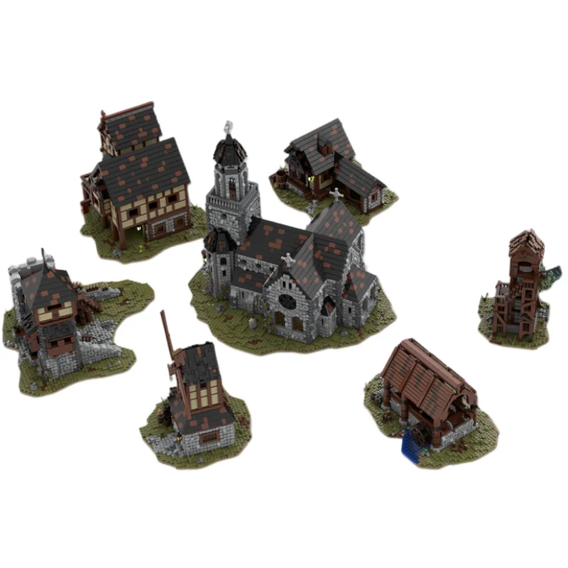 19711 pçs moc cena medieval vila medieval parte 2 arquitetura de aldeia vintage diy modelo blocos de construção brinquedos de aniversário presente