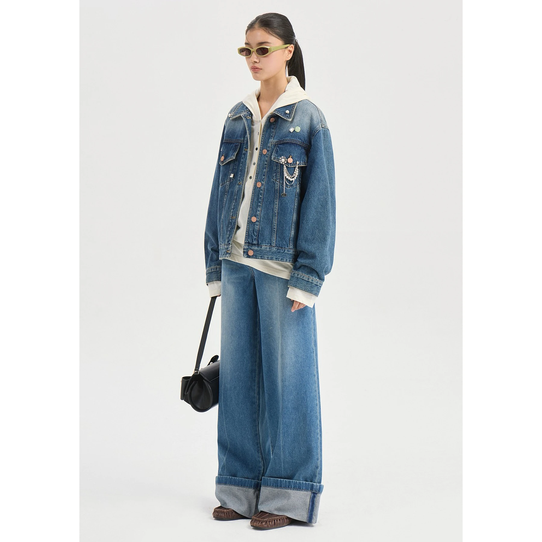 High-Quality Lemon Cheese LUC26 Autumn  Collar Button-Up Slimming Short Denim Jacket with Chest Pin Casual Loose Fit Long...
