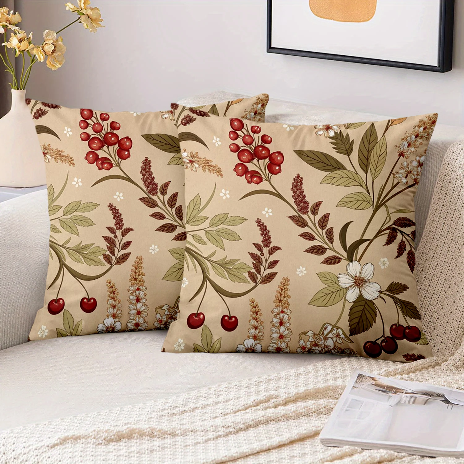 

1 Pieces Floral Cherry Leaf Pattern Decorative Throw Pillow Polyester pillowcase, sofa decorative cushion cov Headboard Pillow