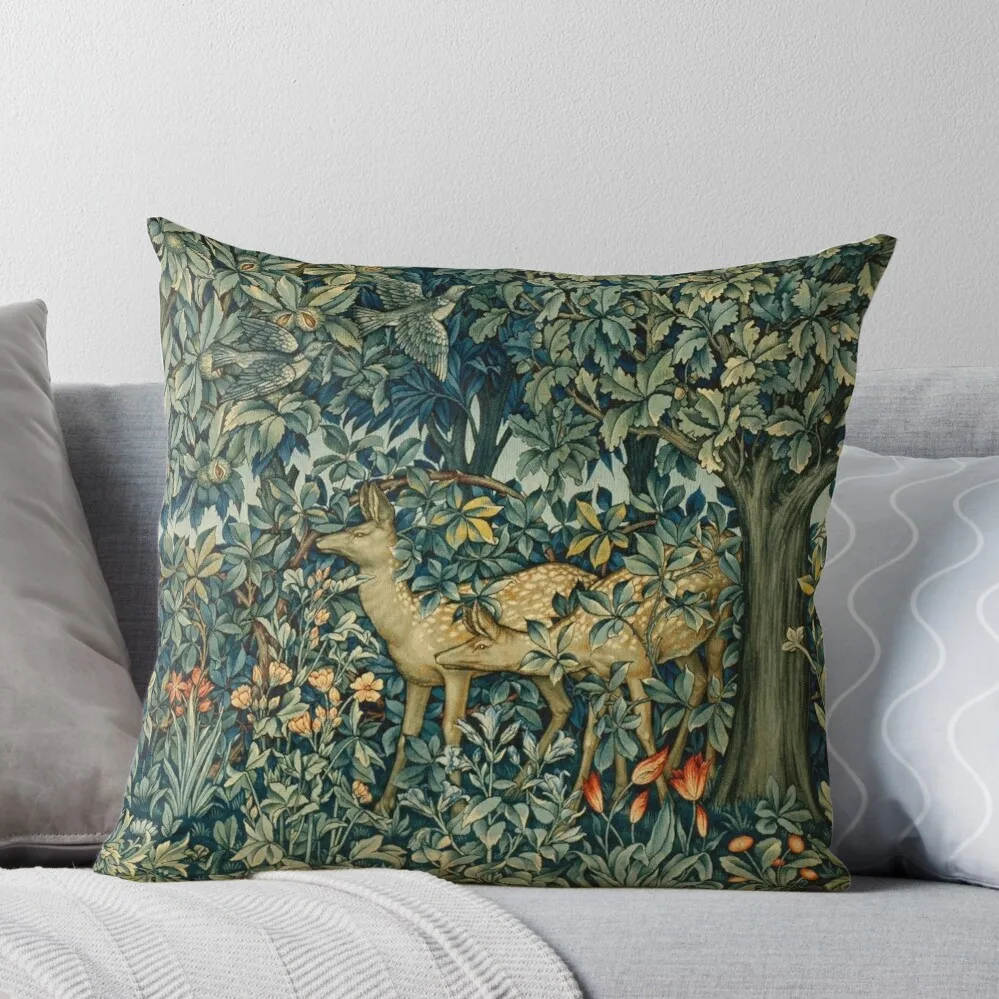 

GREENERY,TWO DOES AND BIRDS IN FOREST Blue Green Floral Tapestry Throw Pillow Cushions For Children Decorative Cushion