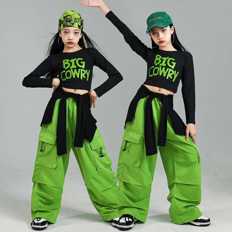 

Children Street Dance Costume Hip Hop Black Tops Green Pants Girls Kpop Jazz Dance Stage Outfit Fashion Casual Dancewear AMY1217