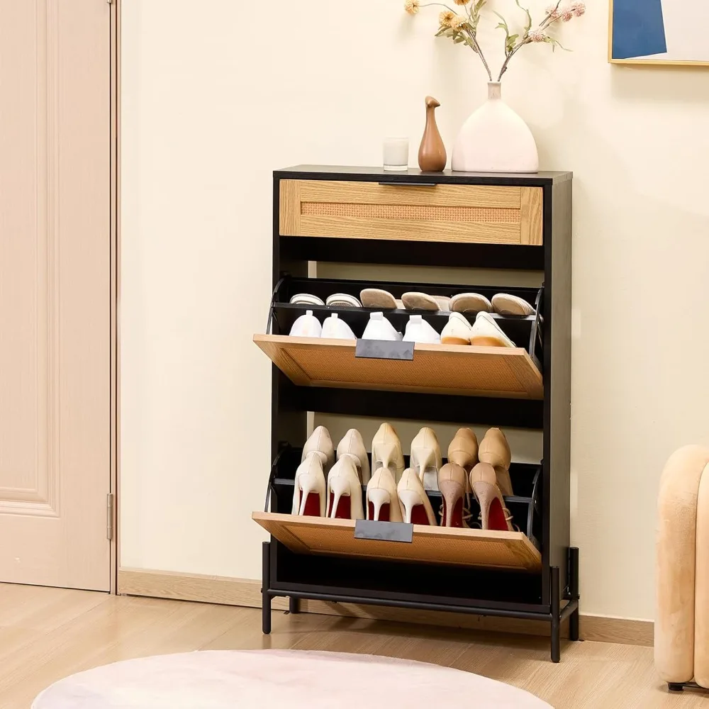 Narrow Shoe Storage Organizer with 2 Flip Rattan Drawers & 1 Slide Drawer, Metal Legs, Slim Shoe Entryway Cabinet Ideal