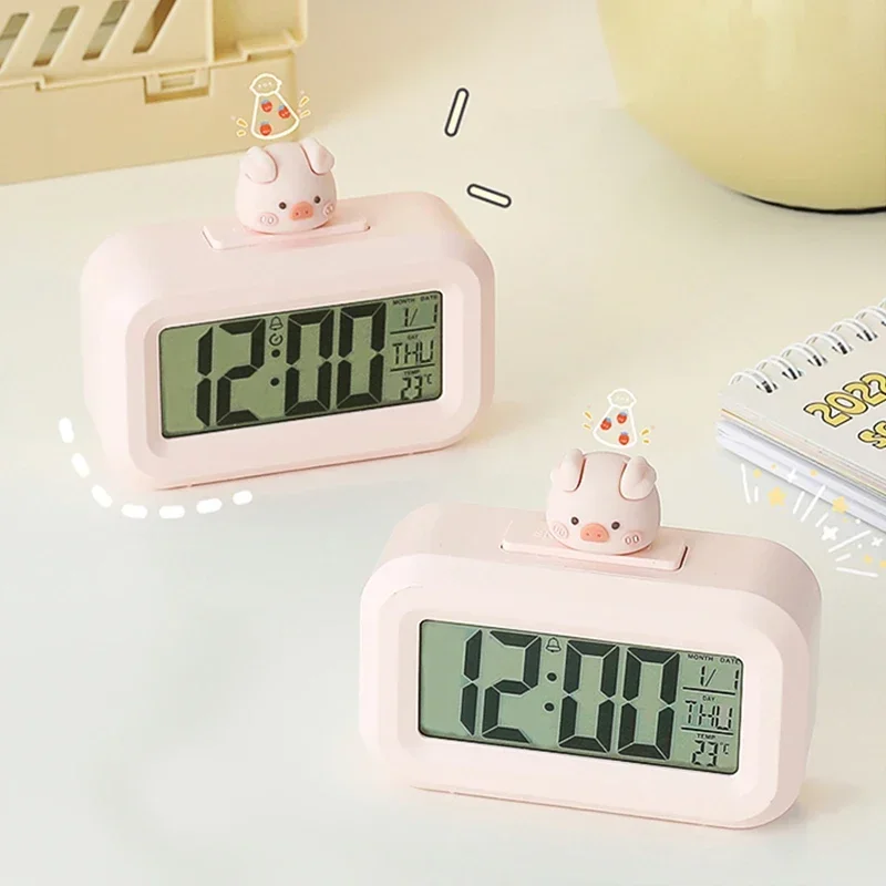 New LED Digital Clock Cute Kawaii Rome Decor Cartoon Pig Alarm Clock with Night Light Room Cute Watch Bedroom Bedside Ornaments